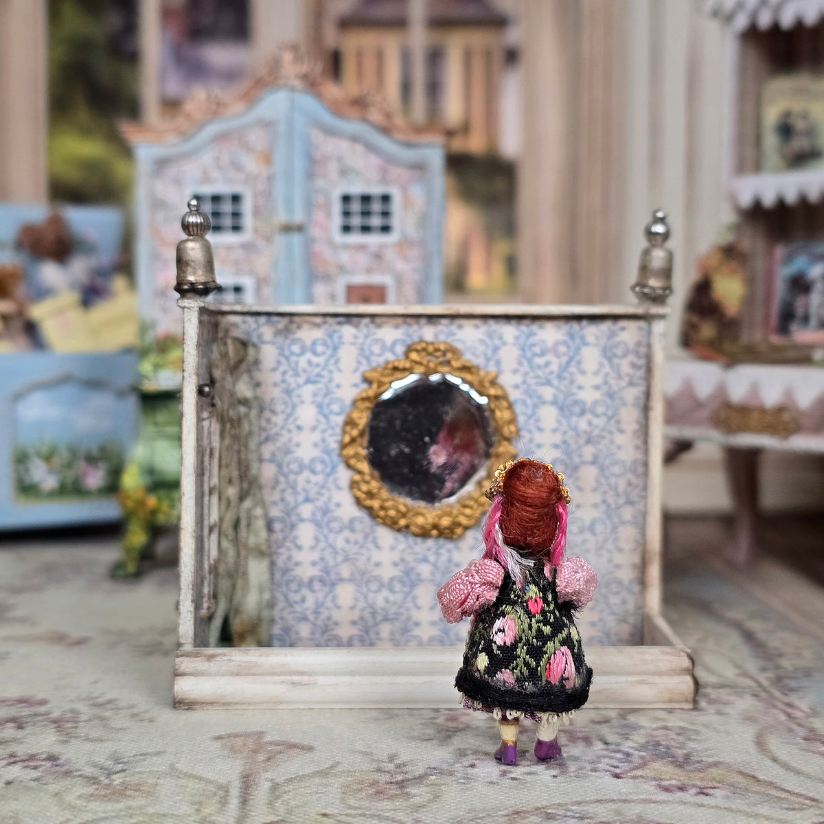 Artisan Porcelain Folk Art Doll's Doll in Embroidered Floral Dress with Jeweled Headdress