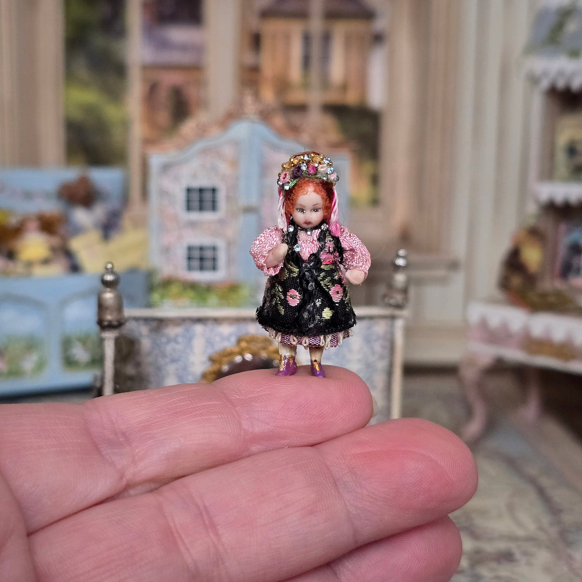 Artisan Porcelain Folk Art Doll's Doll in Embroidered Floral Dress with Jeweled Headdress