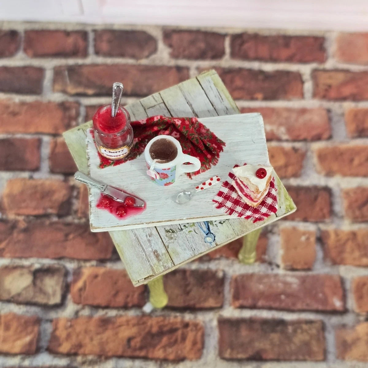 Artisan Cherry Shortcake & Tea Baking Board Miniature Dollhouse 1:12
