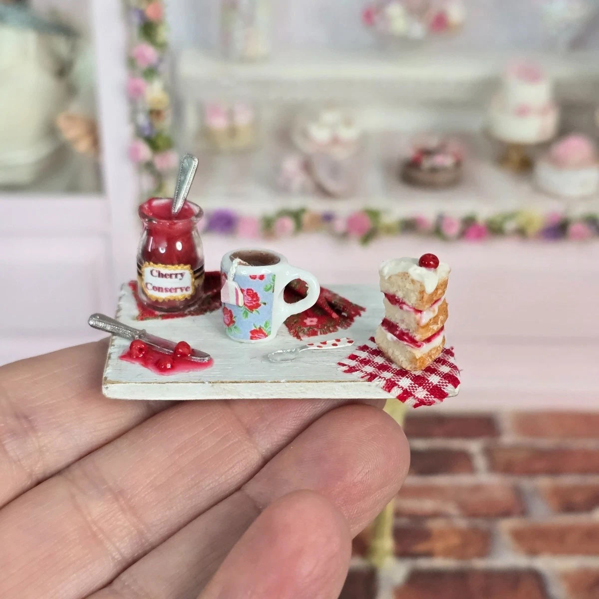 Artisan Cherry Shortcake & Tea Baking Board Miniature Dollhouse 1:12