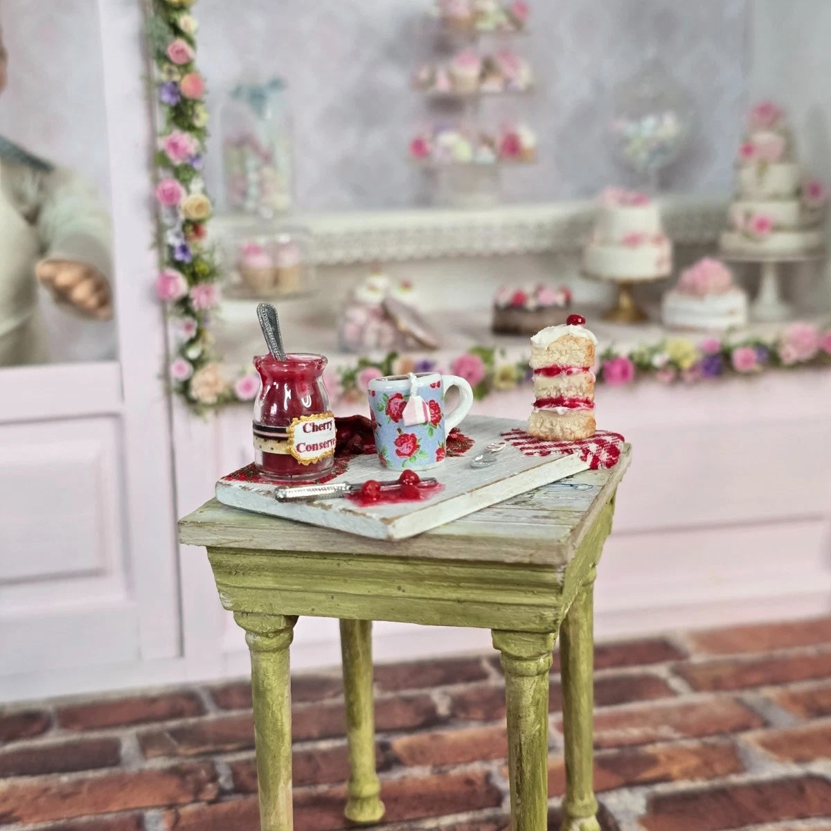 Artisan Cherry Shortcake & Tea Baking Board Miniature Dollhouse 1:12