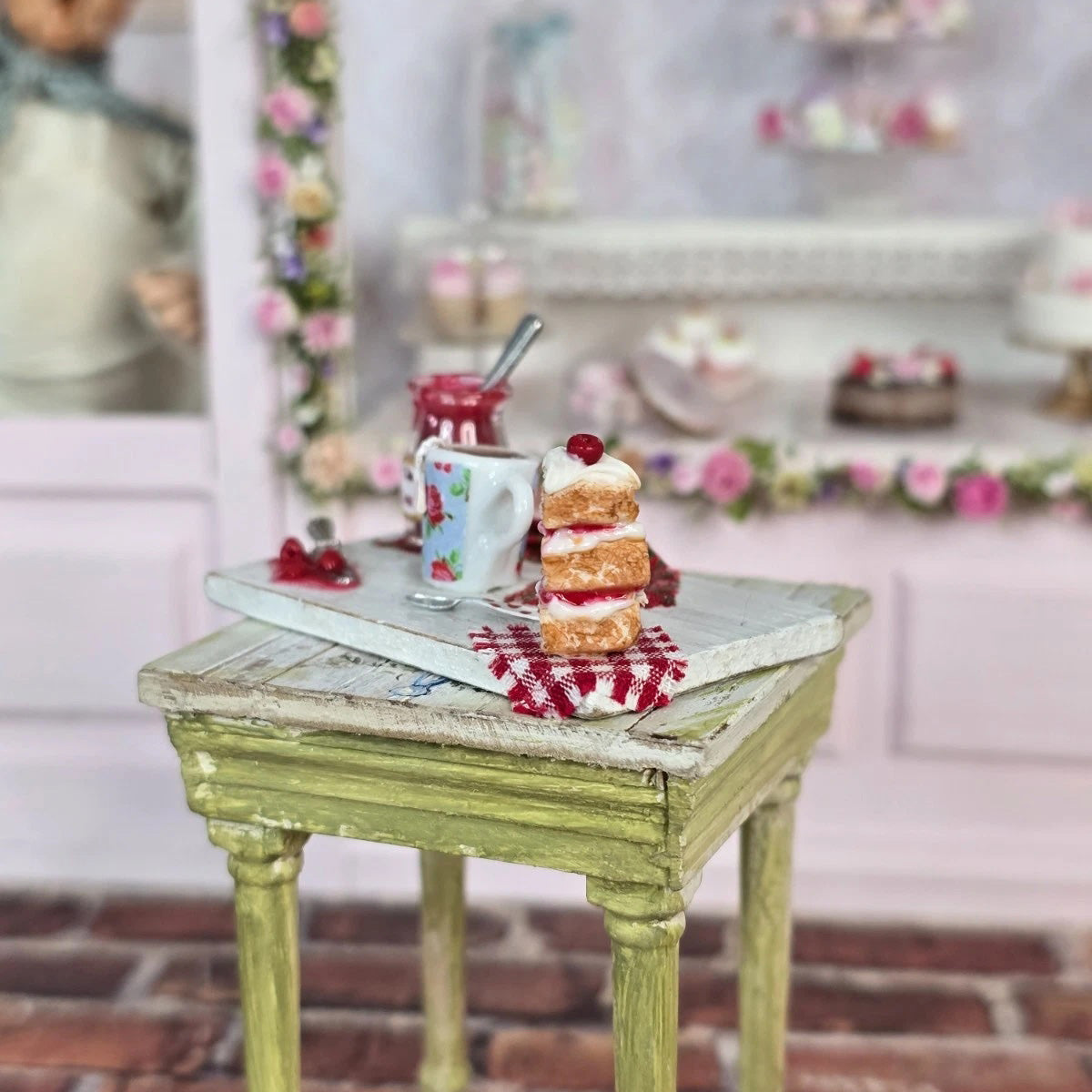 Artisan Cherry Shortcake & Tea Baking Board Miniature Dollhouse 1:12