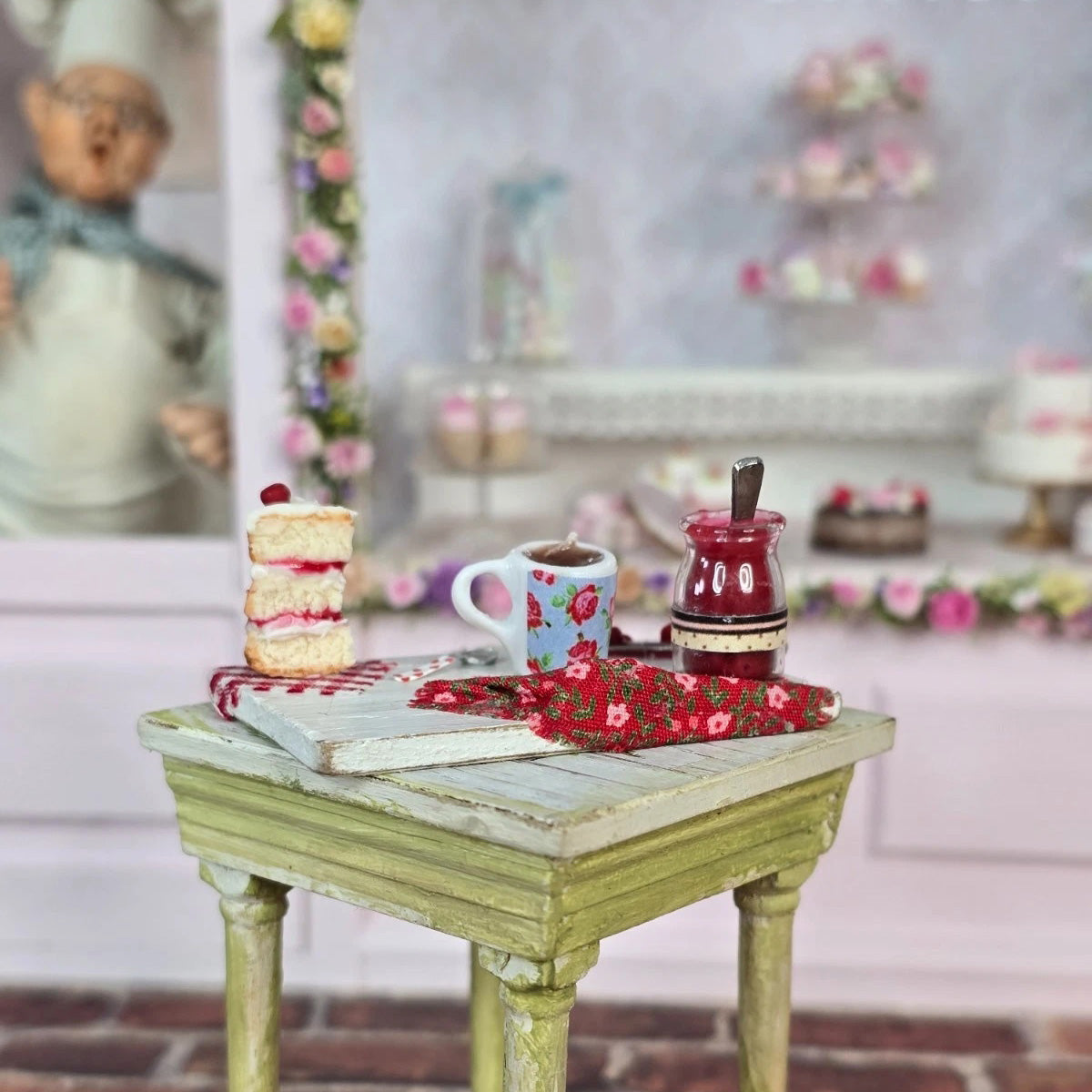 Artisan Cherry Shortcake & Tea Baking Board Miniature Dollhouse 1:12
