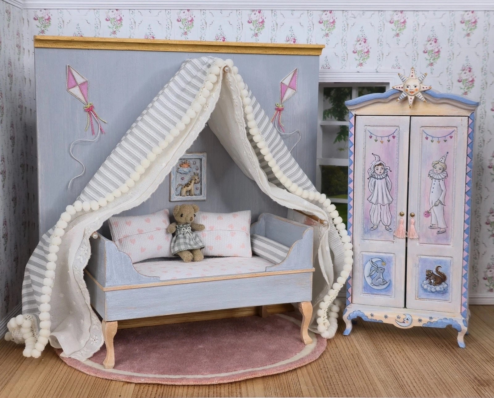 Helen Archoleka Hand-Painted Pierrot Nursery Armoire Miniature Dollhouse