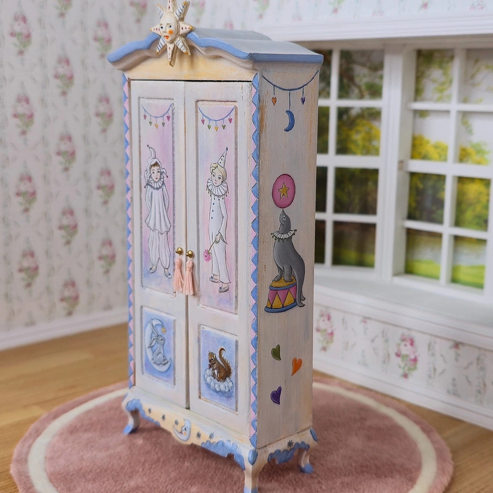 Helen Archoleka Hand-Painted Pierrot Nursery Armoire Miniature Dollhouse