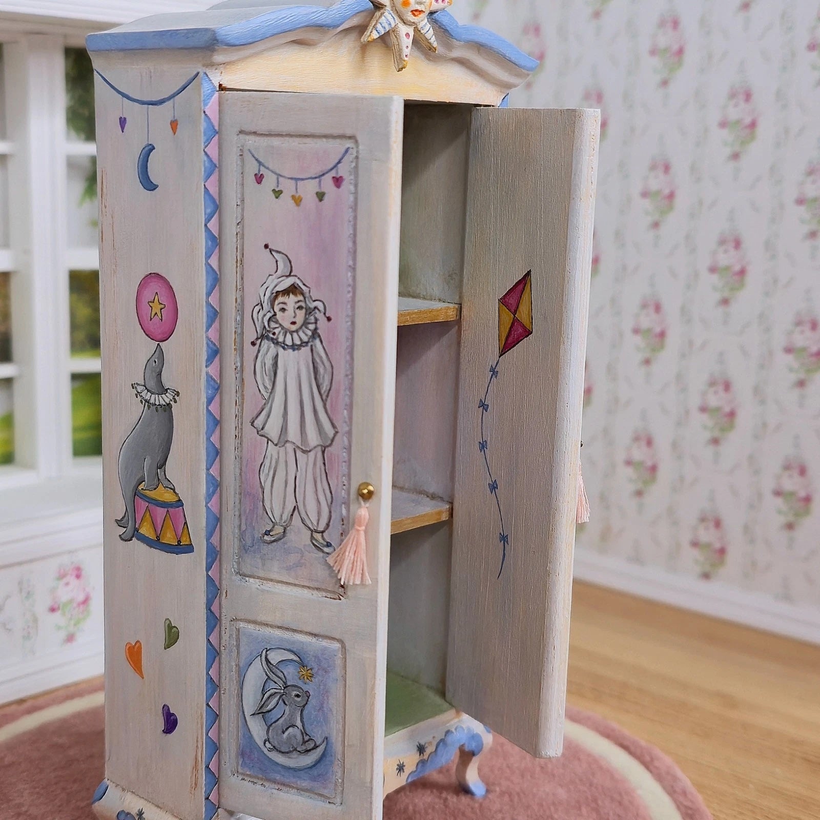 Helen Archoleka Hand-Painted Pierrot Nursery Armoire Miniature Dollhouse