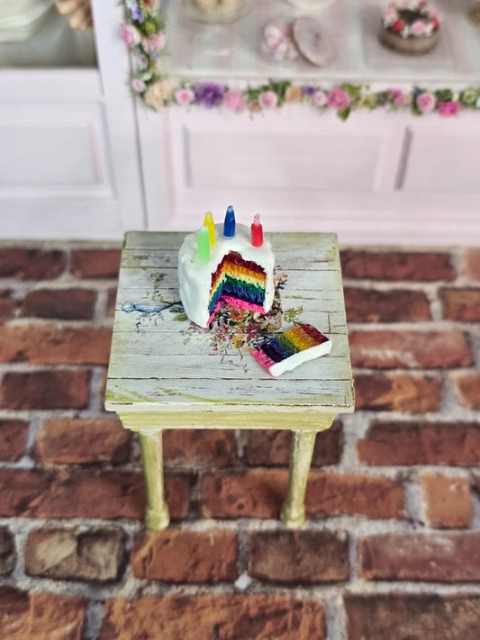 Artisan Rainbow Layer Birthday Cake with Candles & Slice Dollhouse Miniature