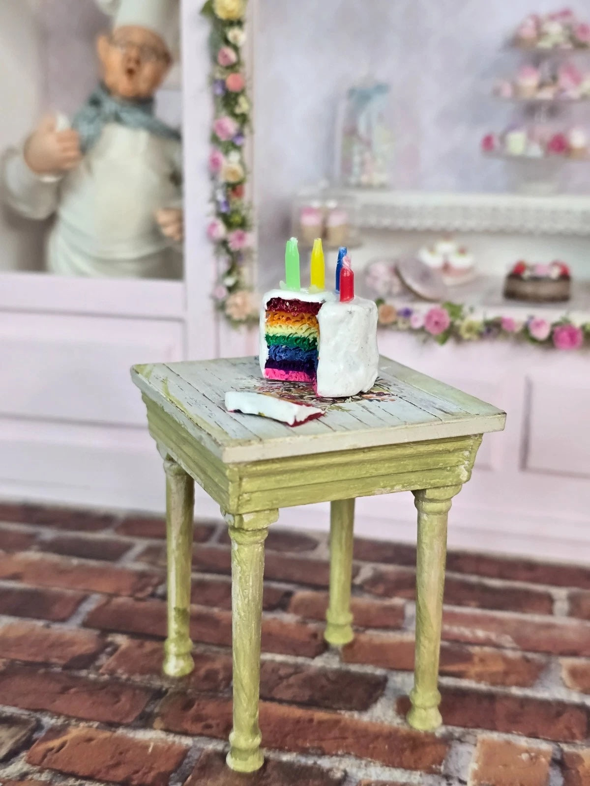 Artisan Rainbow Layer Birthday Cake with Candles & Slice Dollhouse Miniature