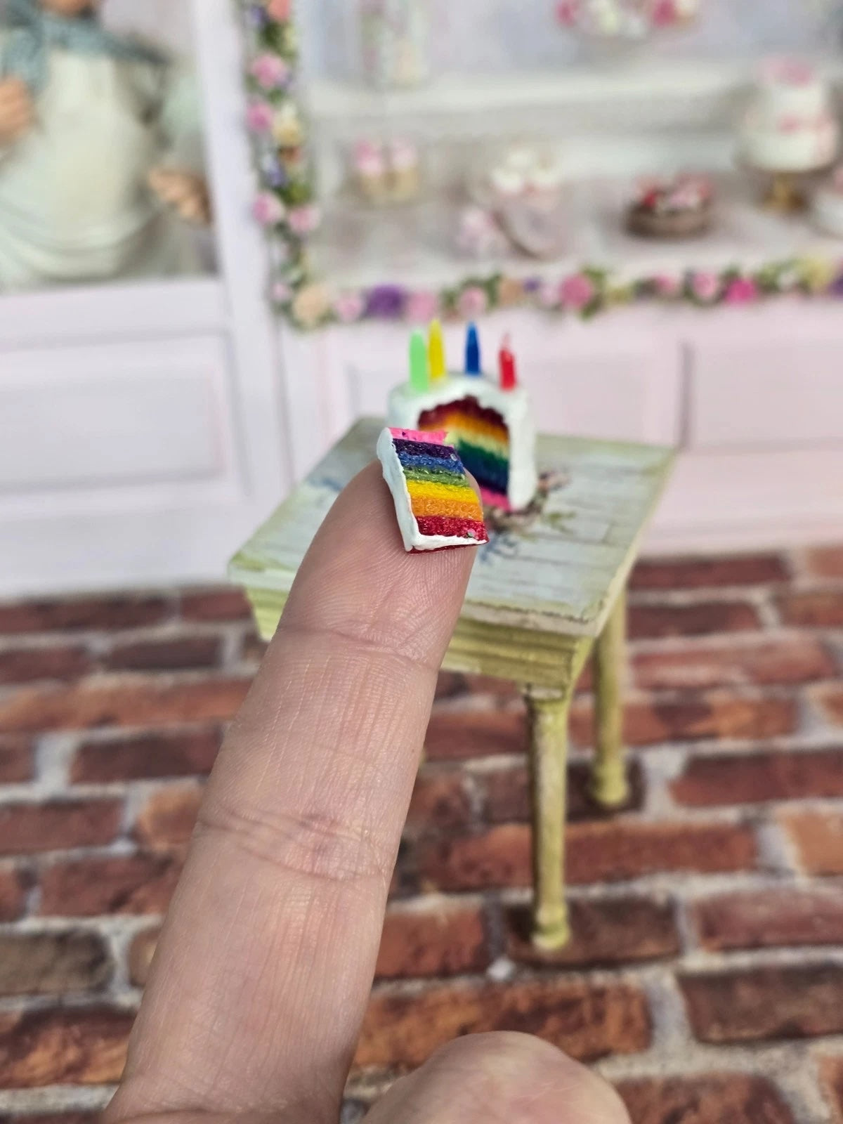 Artisan Rainbow Layer Birthday Cake with Candles & Slice Dollhouse Miniature