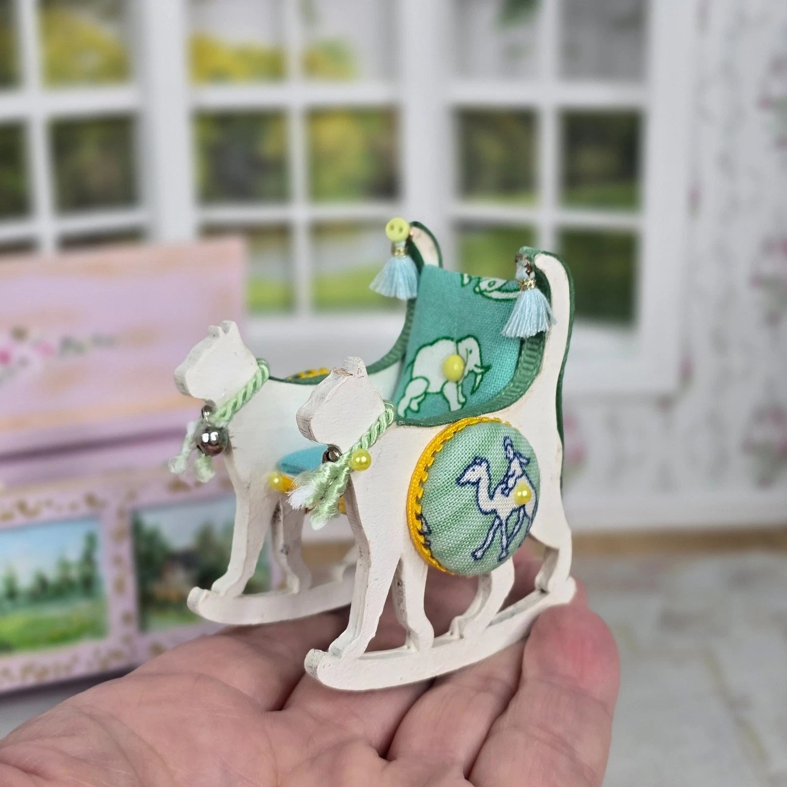 June Sprigg Tooley Cat-Shaped Upholstered Rocker Dollhouse Miniature