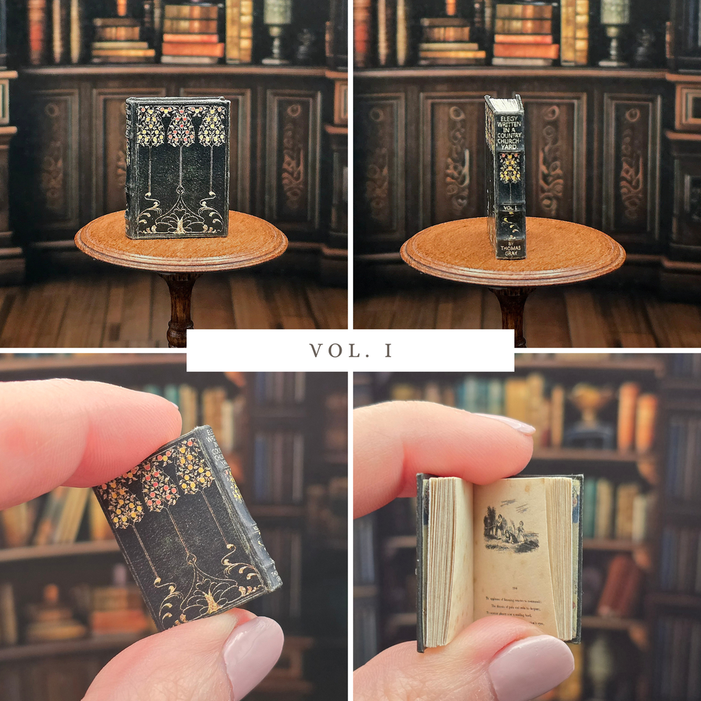 Collage of a miniature book displayed on a stand and held in a hand against a bookshelf background.
