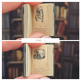 Load image into Gallery viewer, Miniature book held open with visible text and illustrations, set against a blurred bookshelf background.
