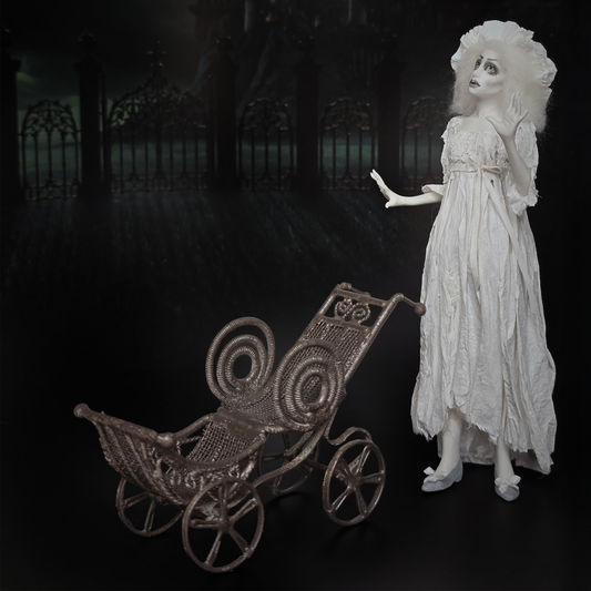 Victorian Doll Antique-Style Wire Mesh Miniature Baby Pram Carriage with Brass Finish