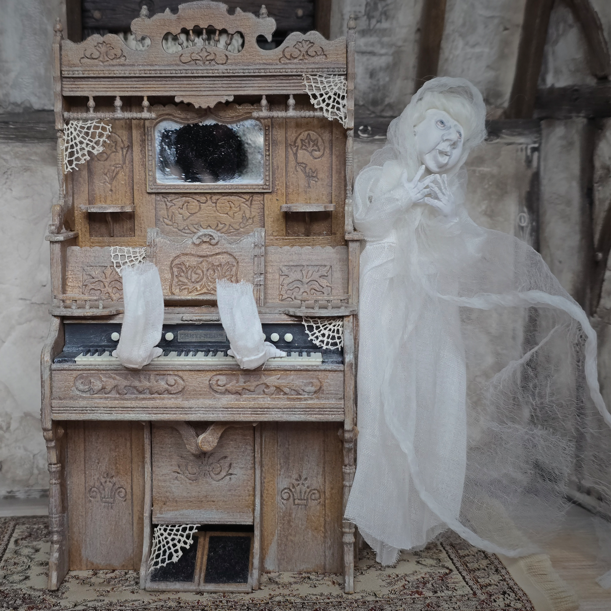 Singing Ghost Woman OOAK Haunted Miniature Lady Doll & Organ Scene by Pat Benedict