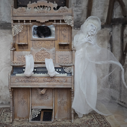 Singing Ghost Woman OOAK Haunted Miniature Lady Doll & Organ Scene by Pat Benedict