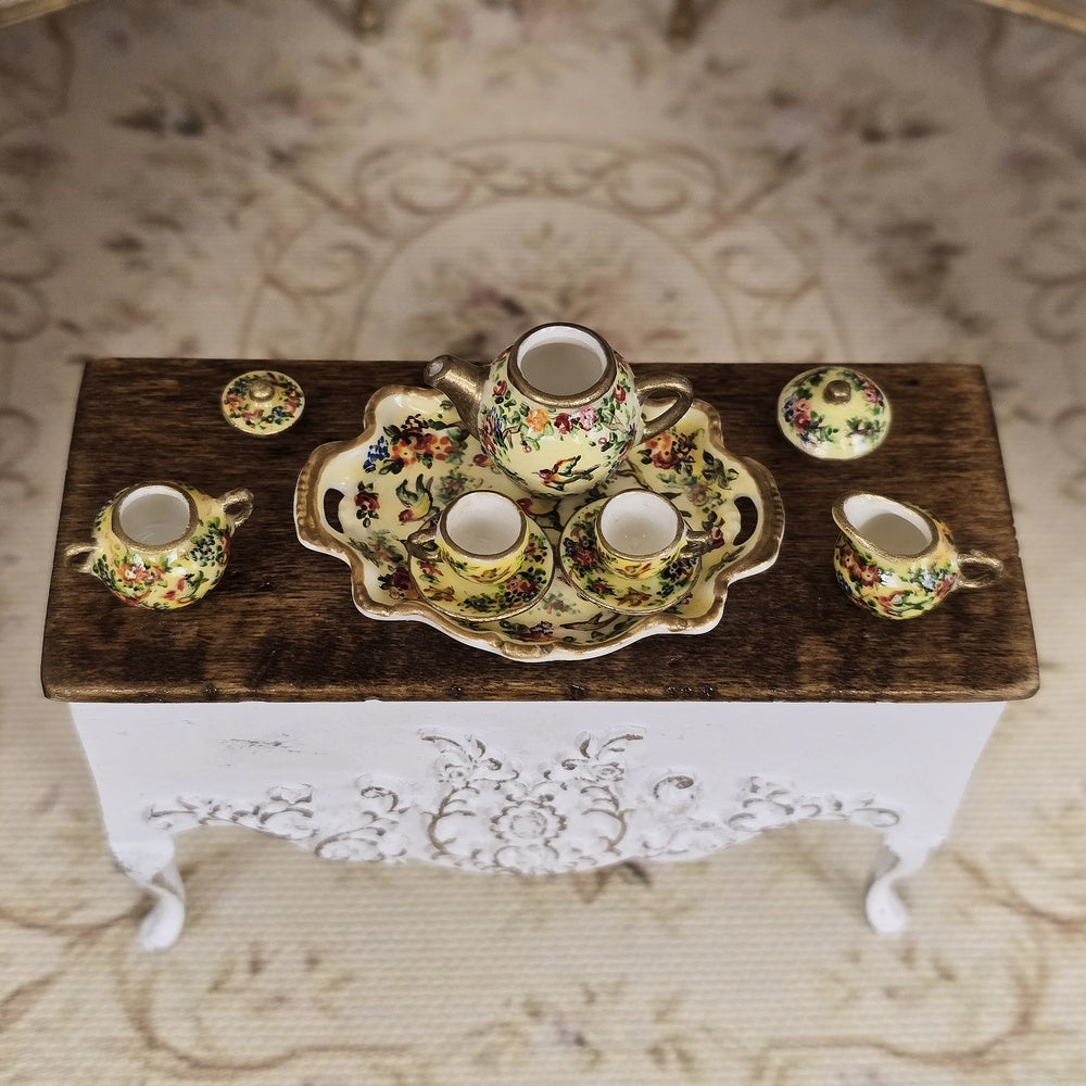 Exquisite OOAK Yellow Chintz Bird Porcelain Tea Service Dollhouse Miniature Set