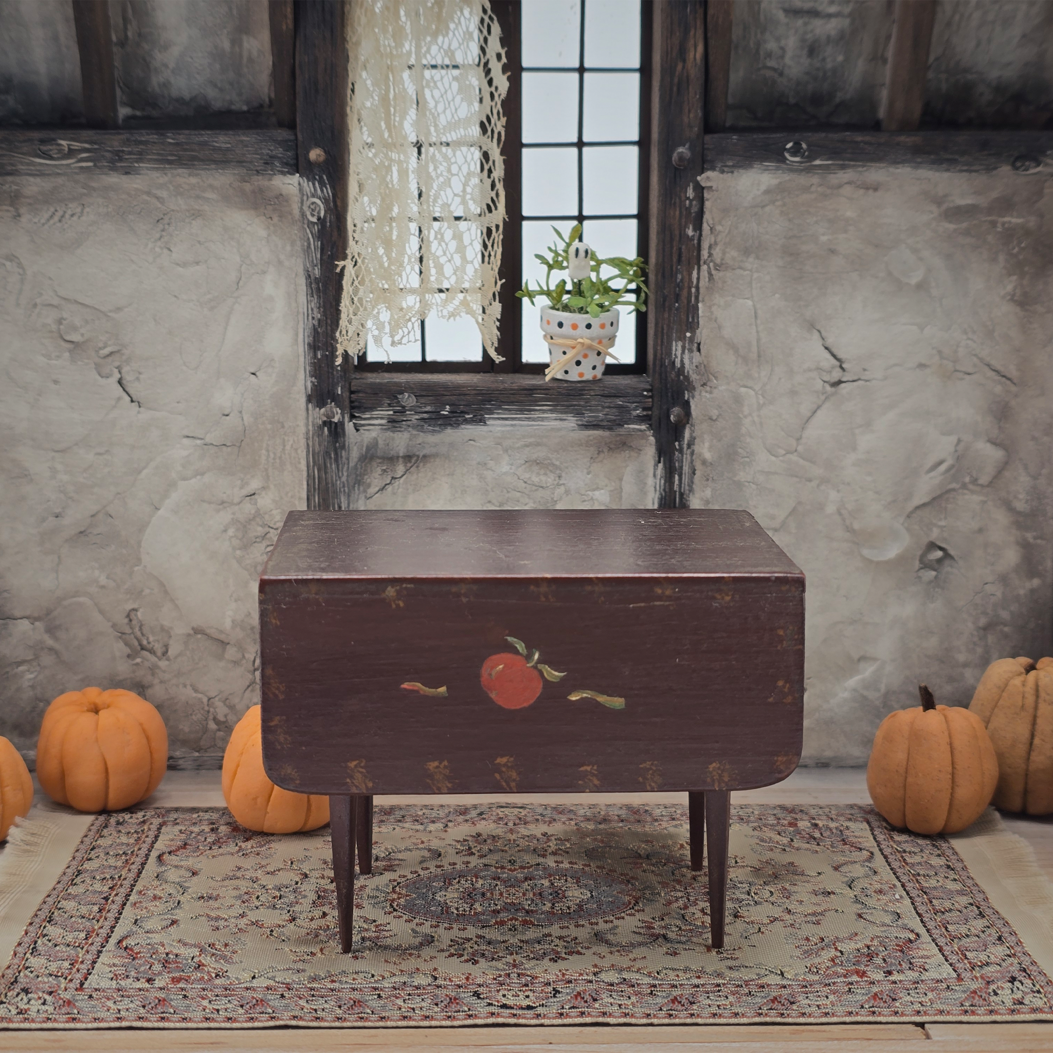 Rustic Drop-Leaf Fall Autumn Table Hand-Painted Folk Art Apple Miniature, Signed JA