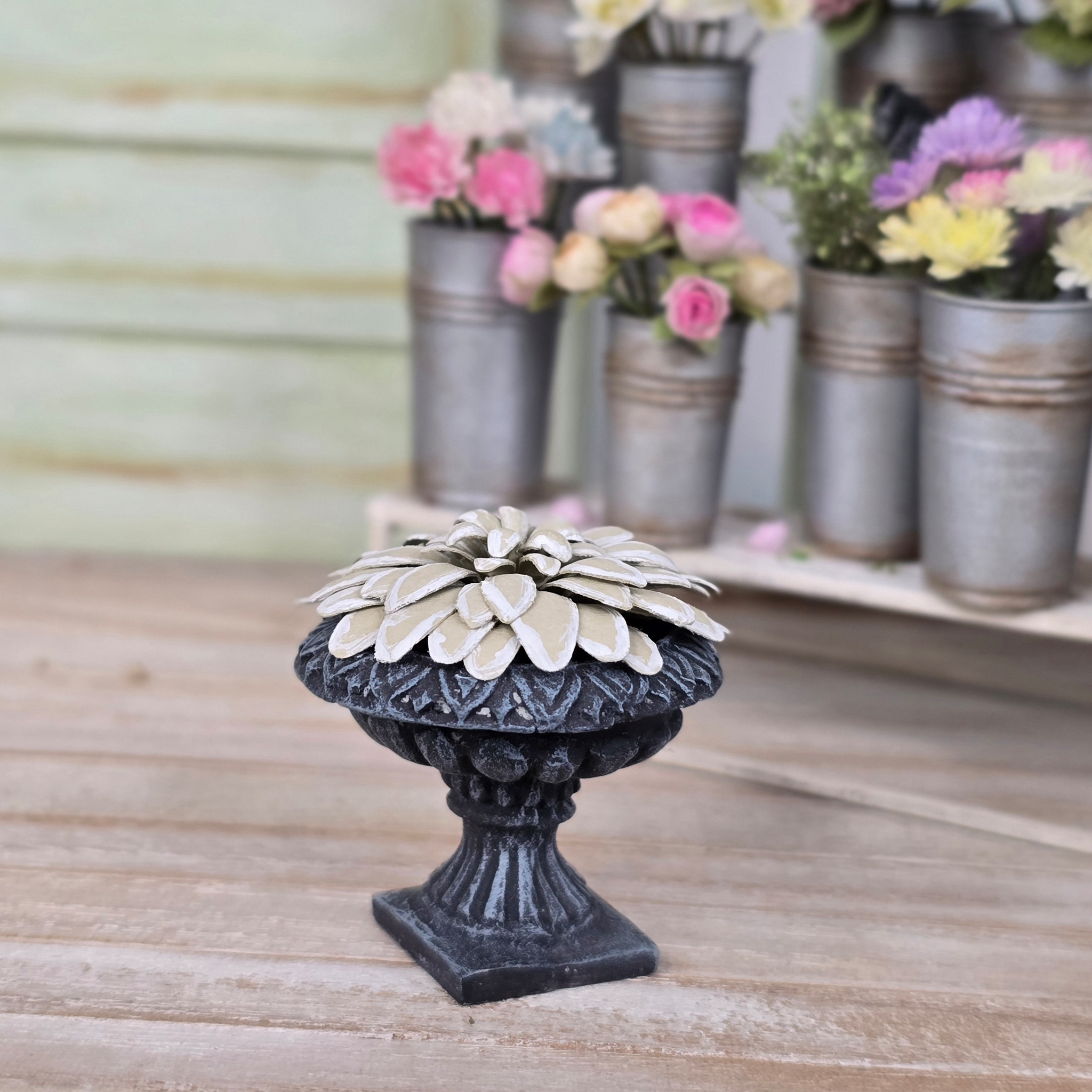 Potted Leafy Painted Paper Plant in Footed Clay Garden Urn Vintage Artisan