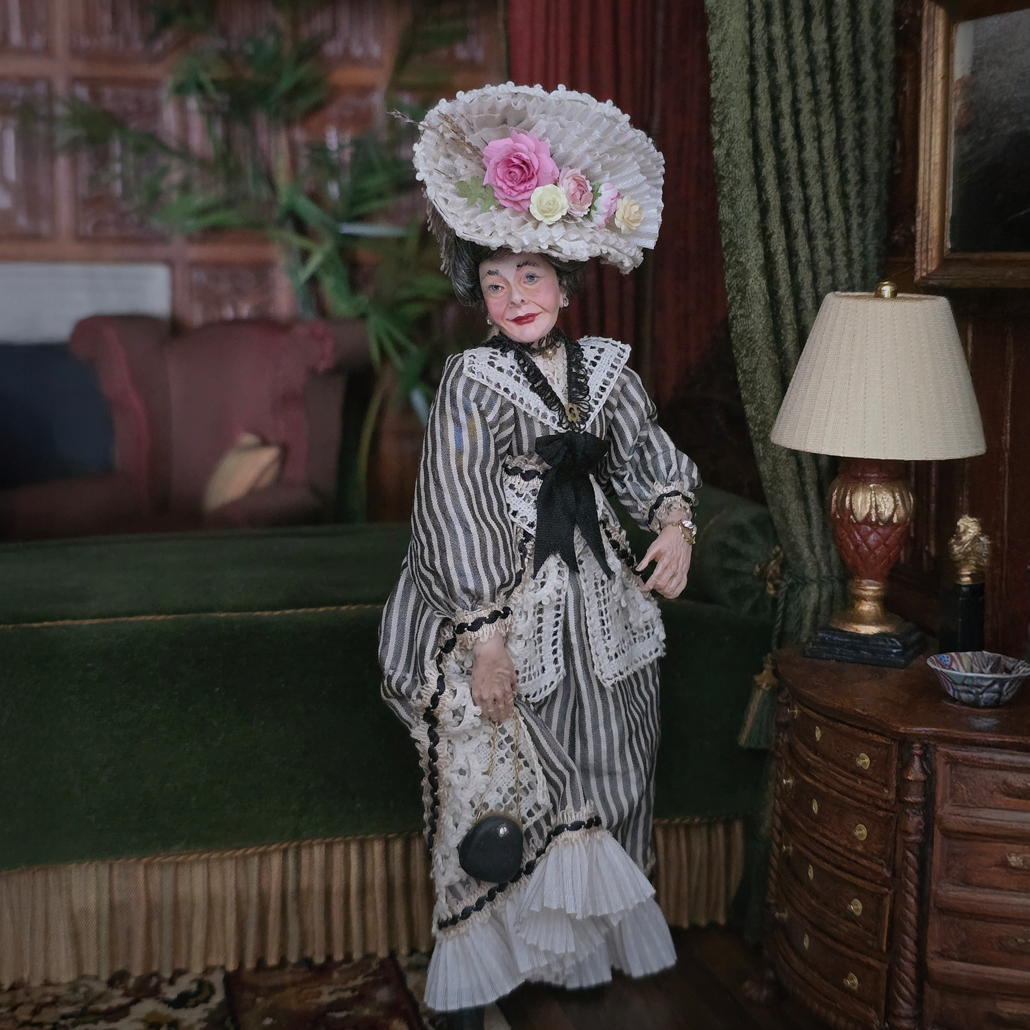 RESERVED FOR RICK: Wealthy Noblewoman Victorian Doll Striped Gown Original Marcia Backstrom Sculpted Clay Dollhouse