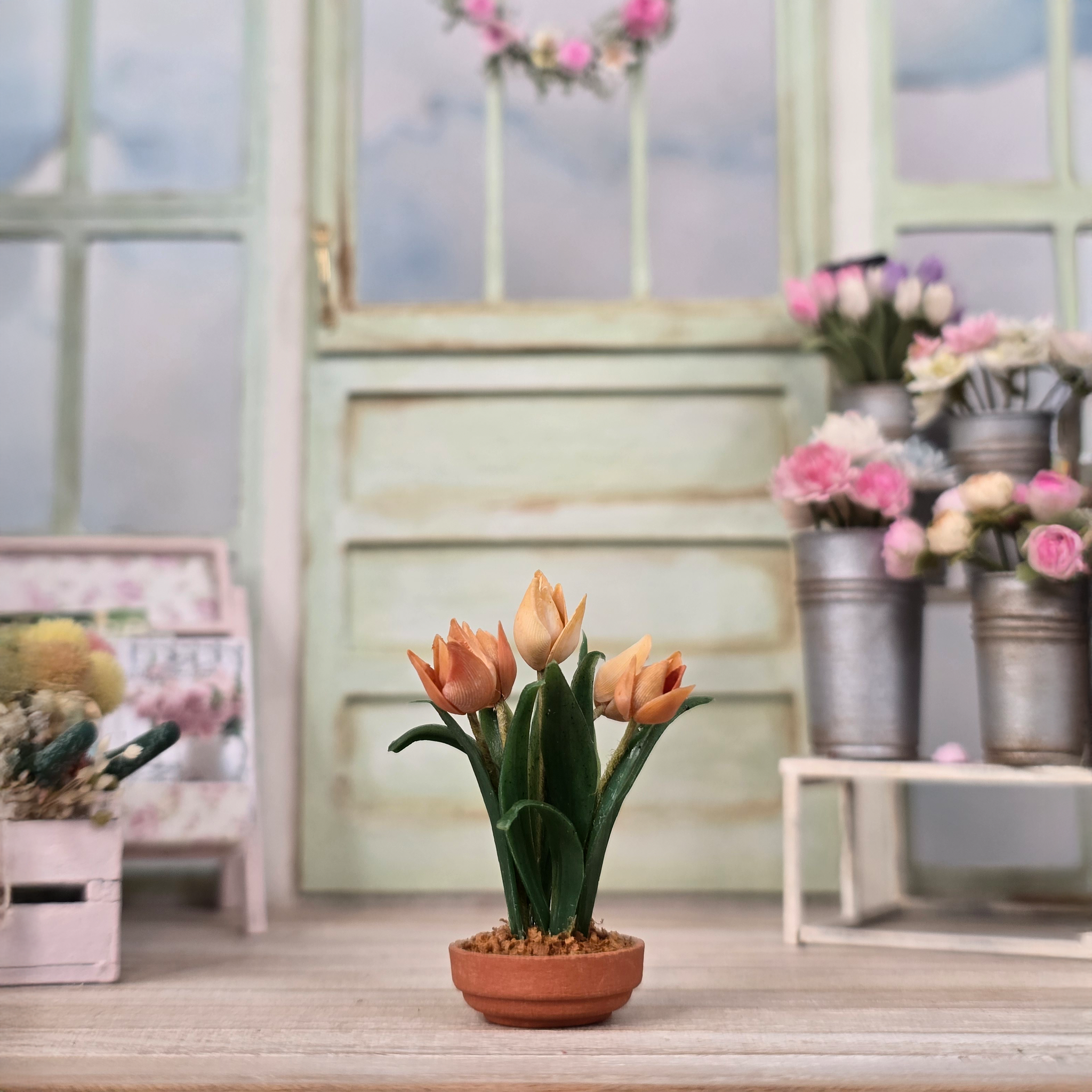 Potted Peach Tulips Hand Sculpted Clay Flowers in Planter Vintage Artisan