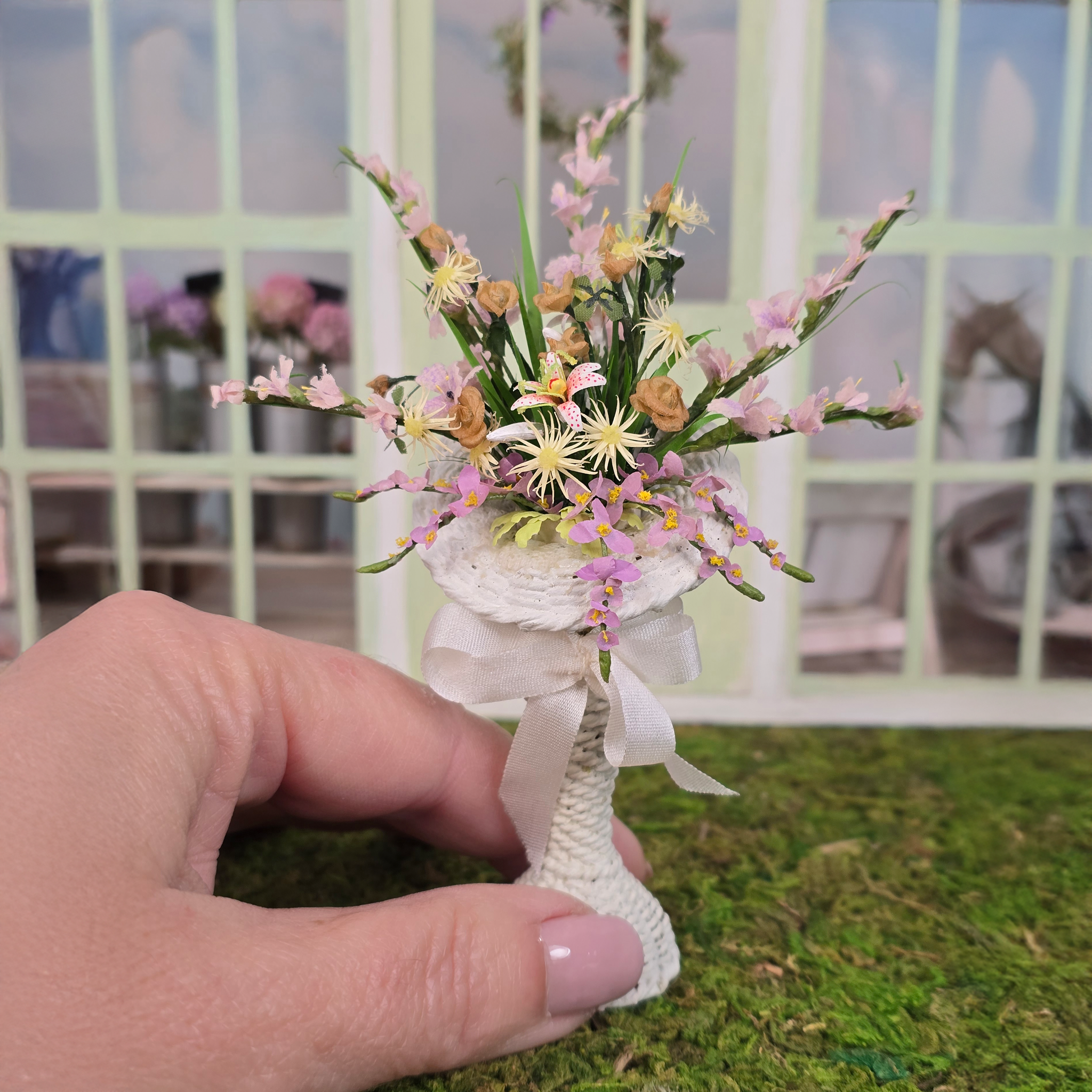 Pretty Pastel Gladiolus Arrangement in Victorian White Wicker Plant Stand