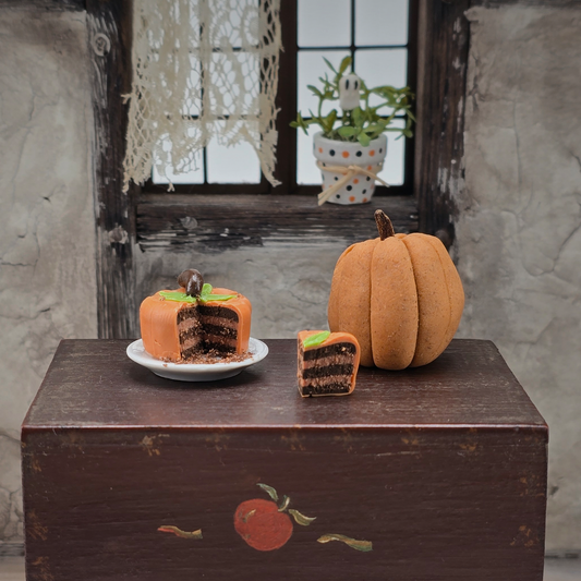 Halloween Fall Pumpkin Chocolate Cake OOAK Miniature Dessert with Porcelain Plate & Extra Slice