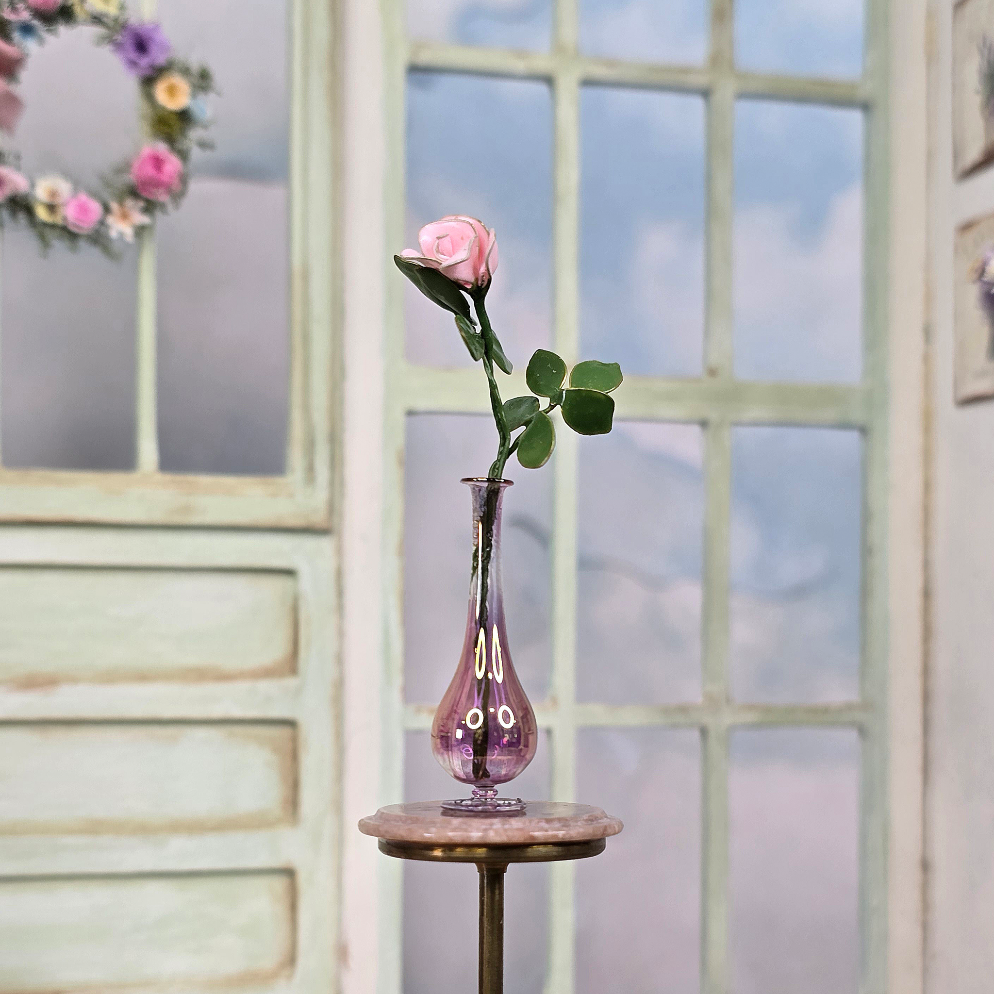 Single Long-Stemmed Enameled Pink Rose in Pink Glass Bud Vase
