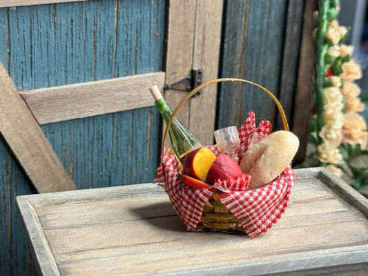 Vintage Miniature Artisan Dollhouse Wine, Cheese & Bread Picnic Basket Diorama, on a table