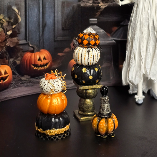 Stacked Pumpkin Trio OOAK Miniature Halloween Centerpiece Decorations with Urn & Finial