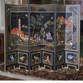 Load image into Gallery viewer, Decorative screen with intricate designs of people, animals, and landscapes on a dark background.
