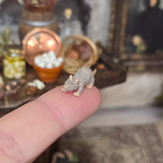 Miniature Fuzzy Grey Rat OOAK Hand-Sculpted Clay Dollhouse Animal Figure