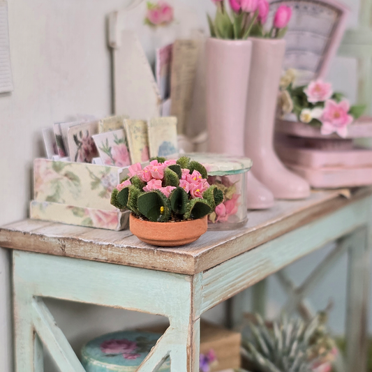 Flowering Pink African Violet Plant in Planter Pot Fuzzy Leaves Artisan Vintage