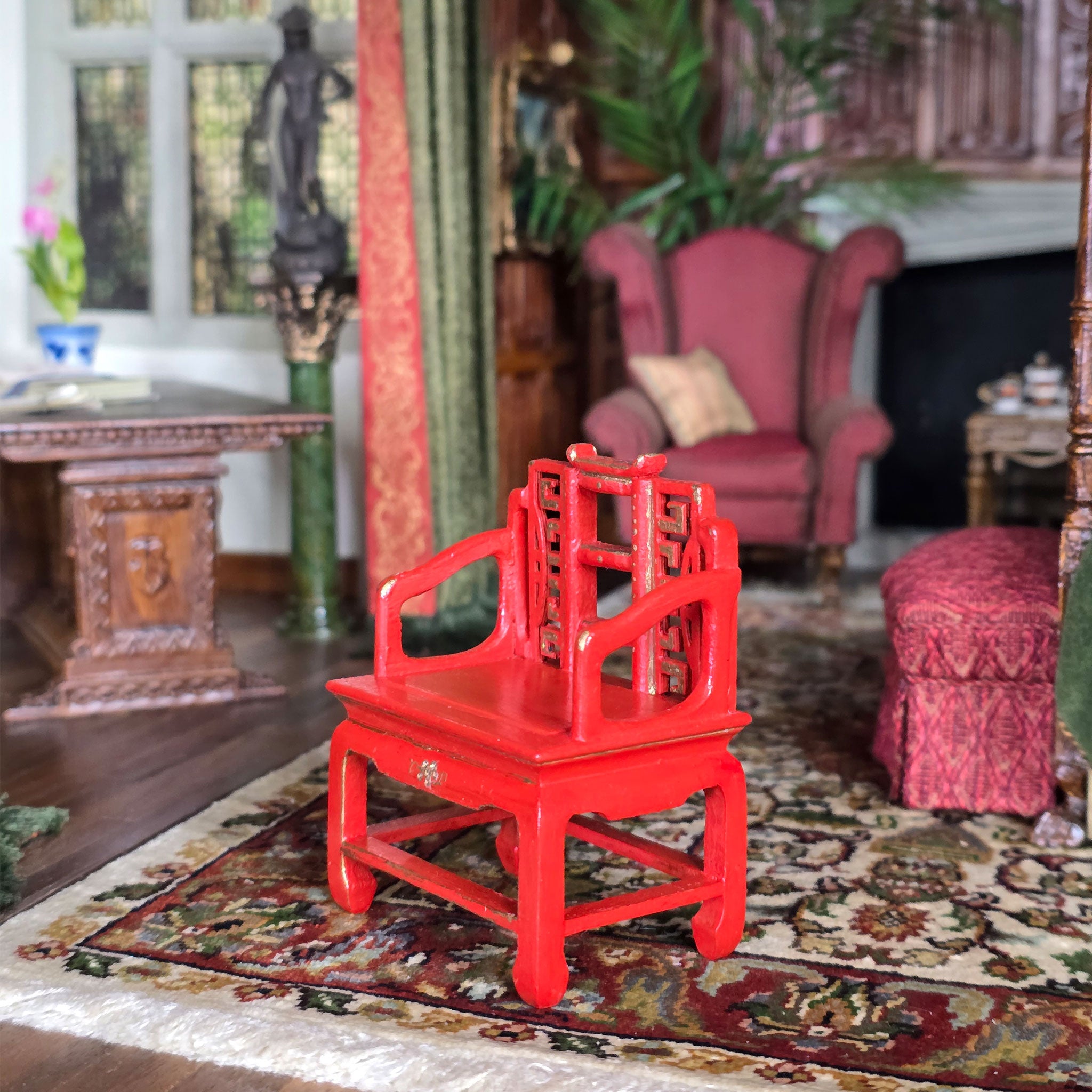 SIGNED Gilt Red Lacquer Chinese Asian Hand Carved Wood Arm Chair (A)