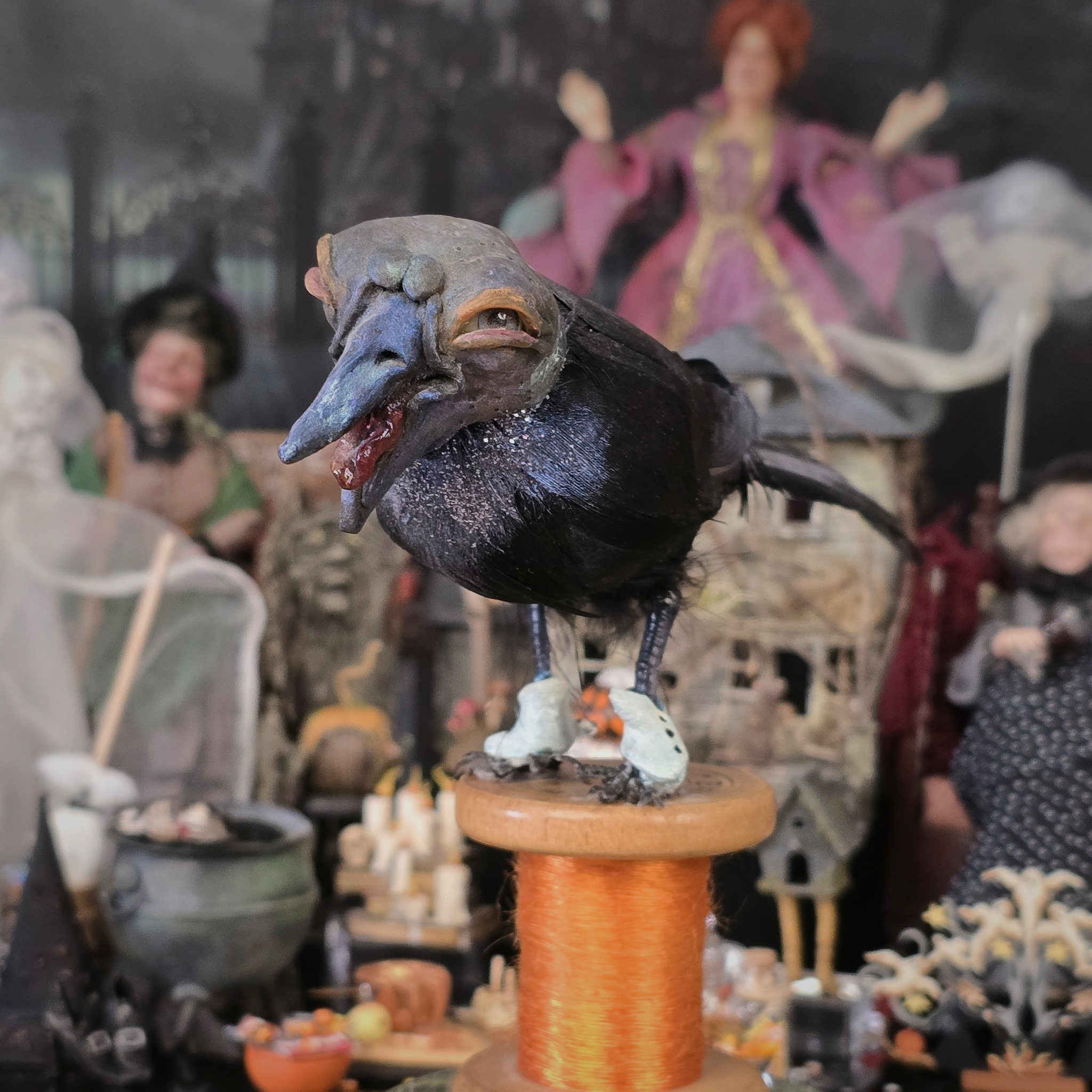 Raven Crow Bird Sculpture OOAK Sculpted Halloween Art on Vintage Thread Spool, Human Face