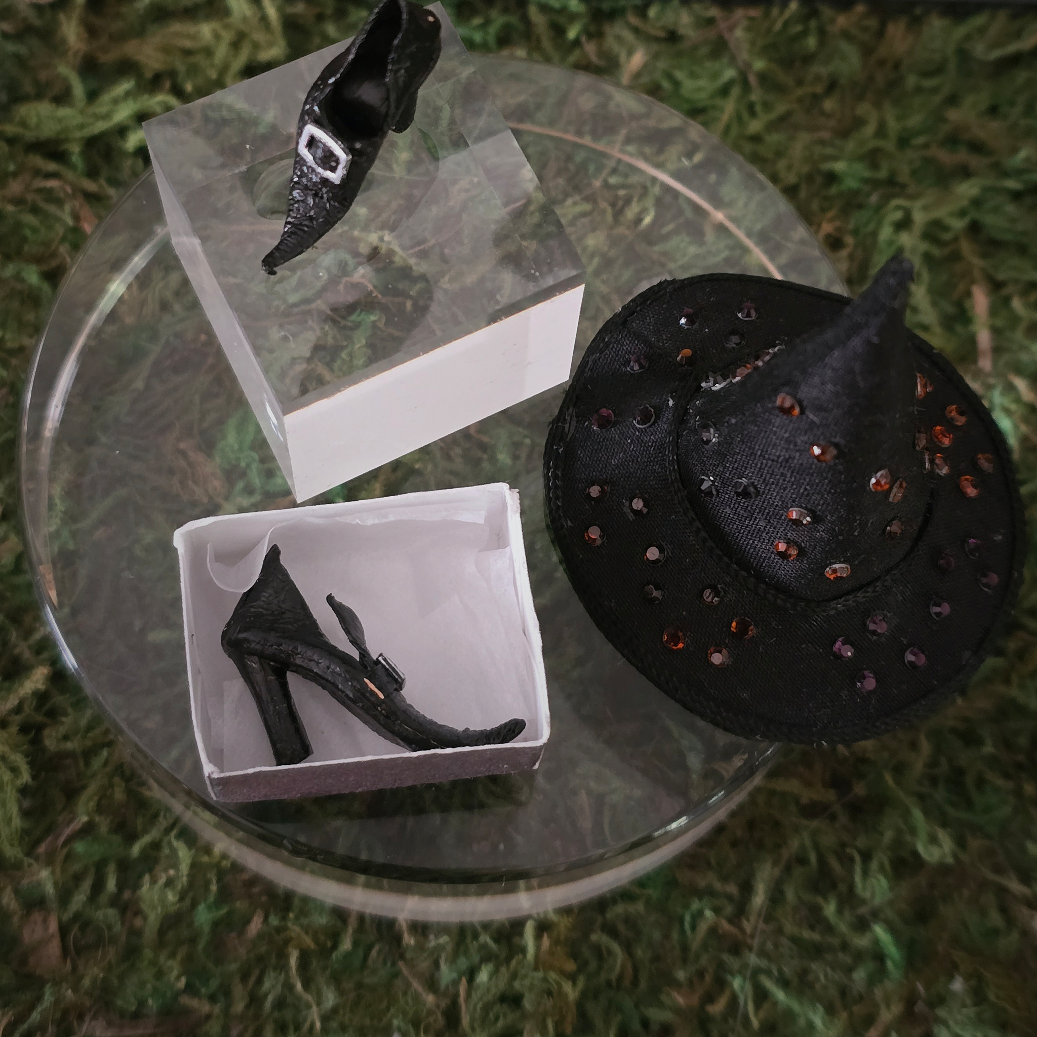 Pair of Black Leather Witch's Shoes and Jeweled Witch's Hat OOAK Halloween Fashion Accessories