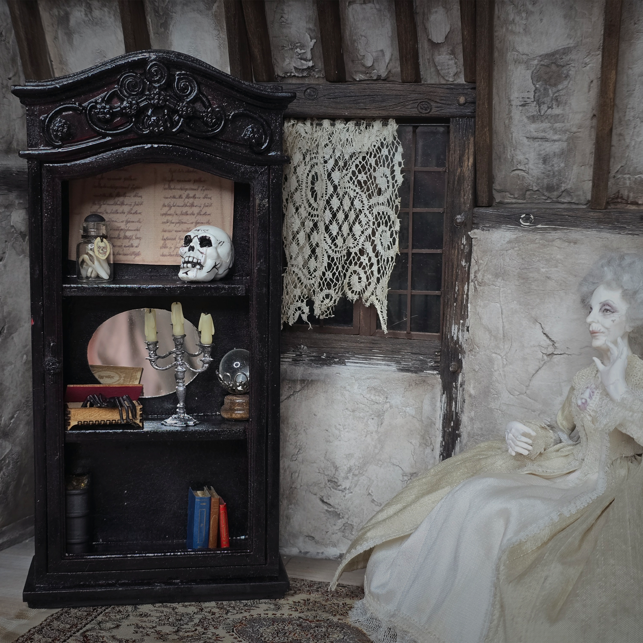 Dressed Wooden Halloween Spooky Bookcase Diorama Miniature Haunted Cabinet with Magical Contents