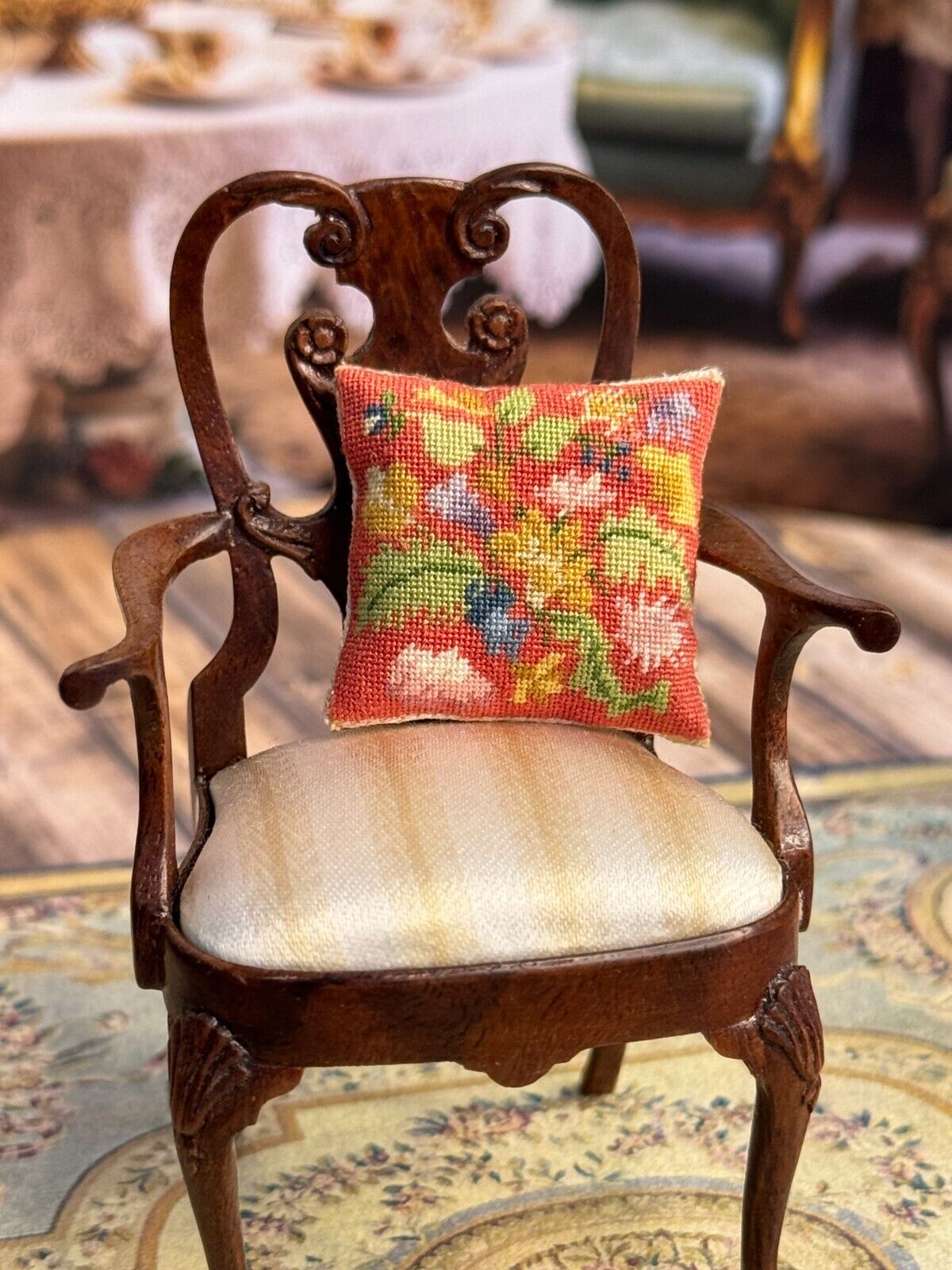 Floral Micro Petit Point Needlepoint Pillow Sharon Garmize OOAK, in chair