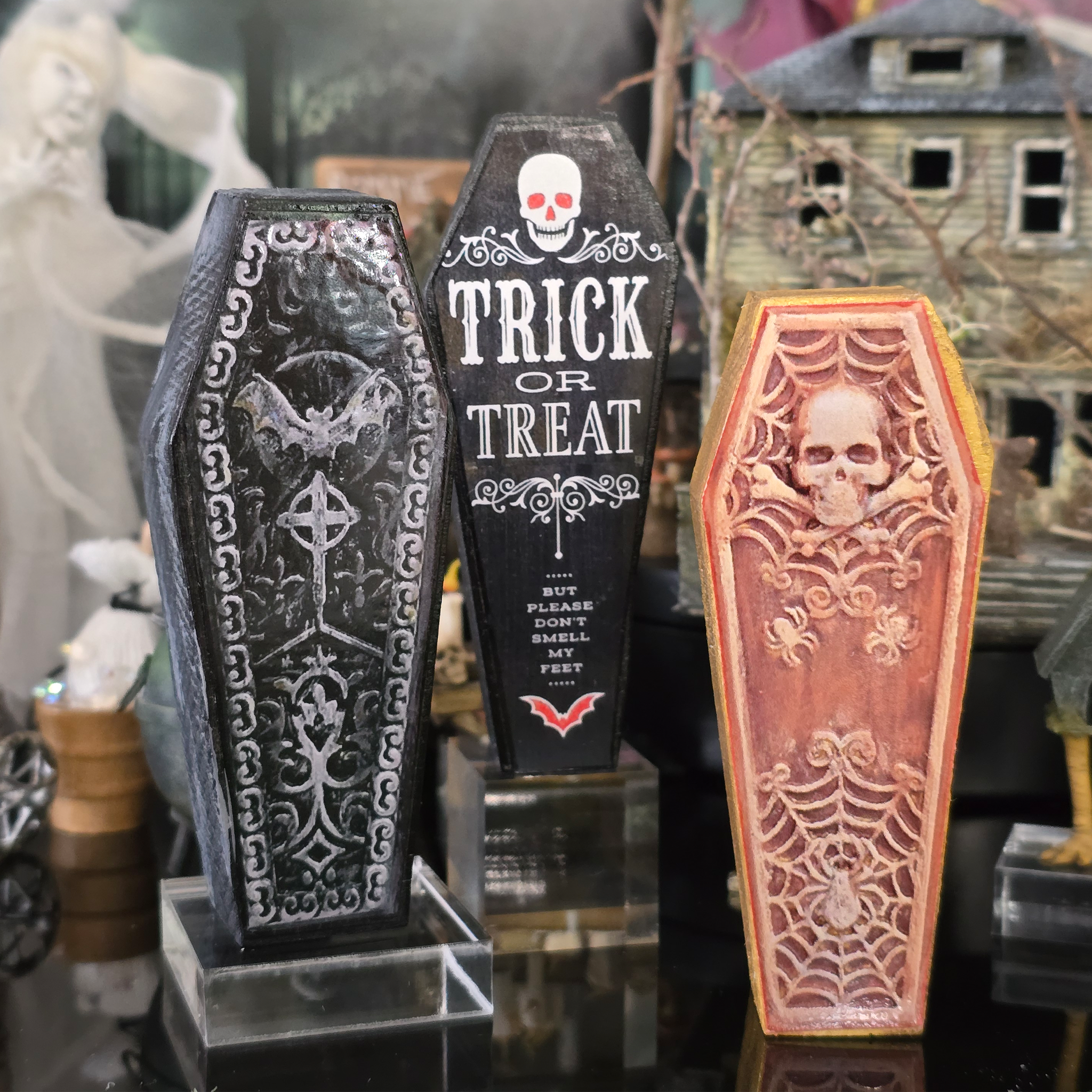 Miniature Coffin Trio OOAK Wooden Halloween Decor with Painted Skulls, Bats & Gothic Designs