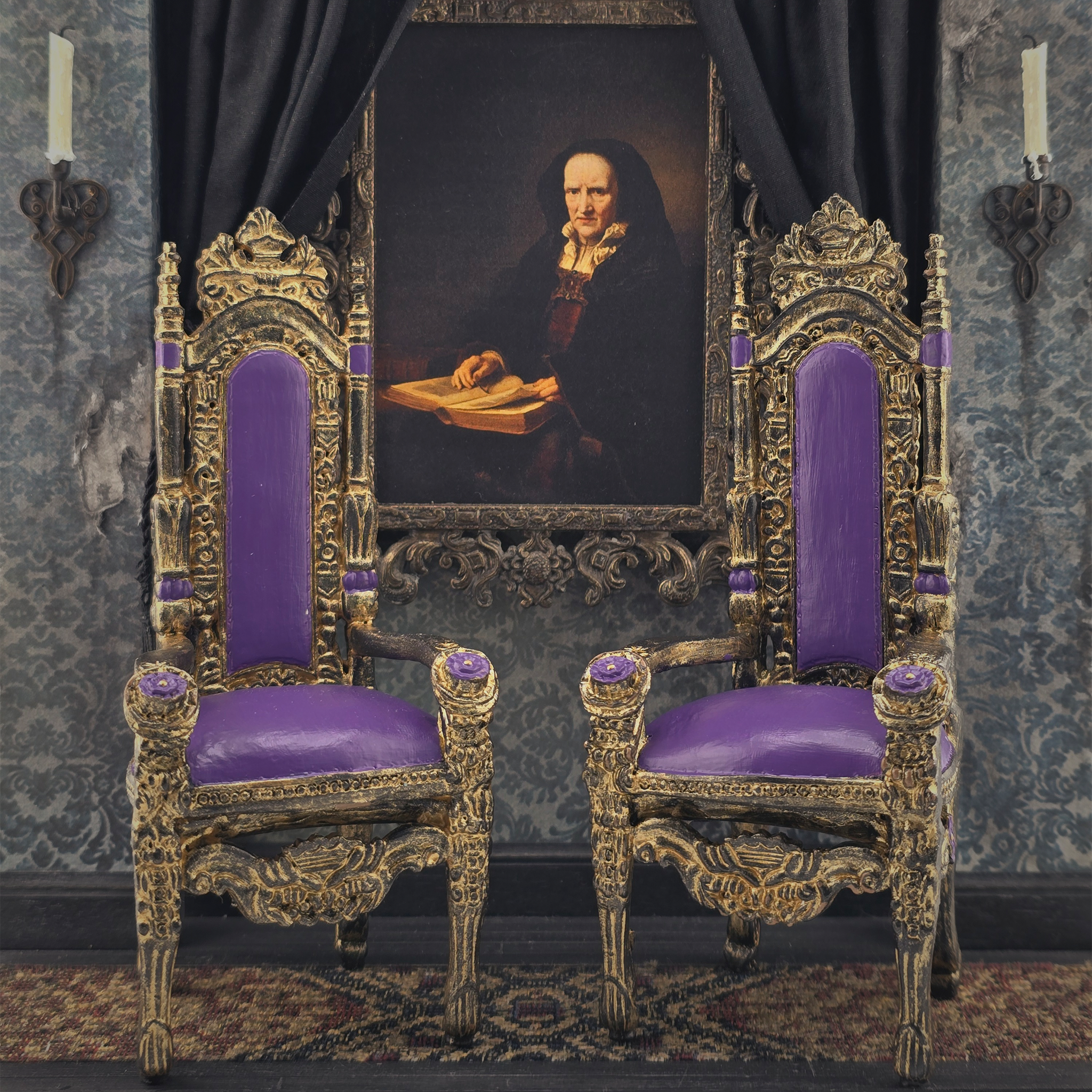 Royal Throne Chair Pair Heavy Resin Gothic Miniature Furniture with Purple & Gold