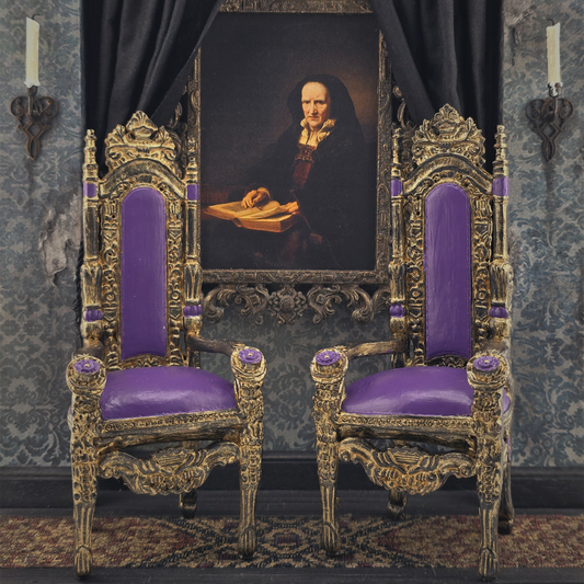 Royal Throne Chair Pair Heavy Resin Gothic Miniature Furniture with Purple & Gold