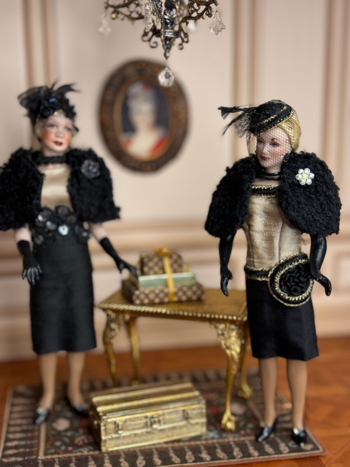 Louis Vuitton Brass Miniature Display Suitcase Trunk 1980s, in scene with dolls