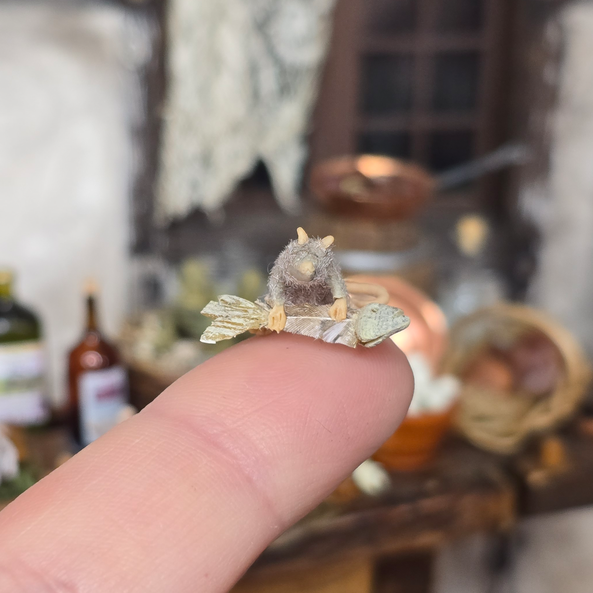 Miniature Rat with Fish OOAK Hand-Sculpted Clay Dollhouse Animal Figure