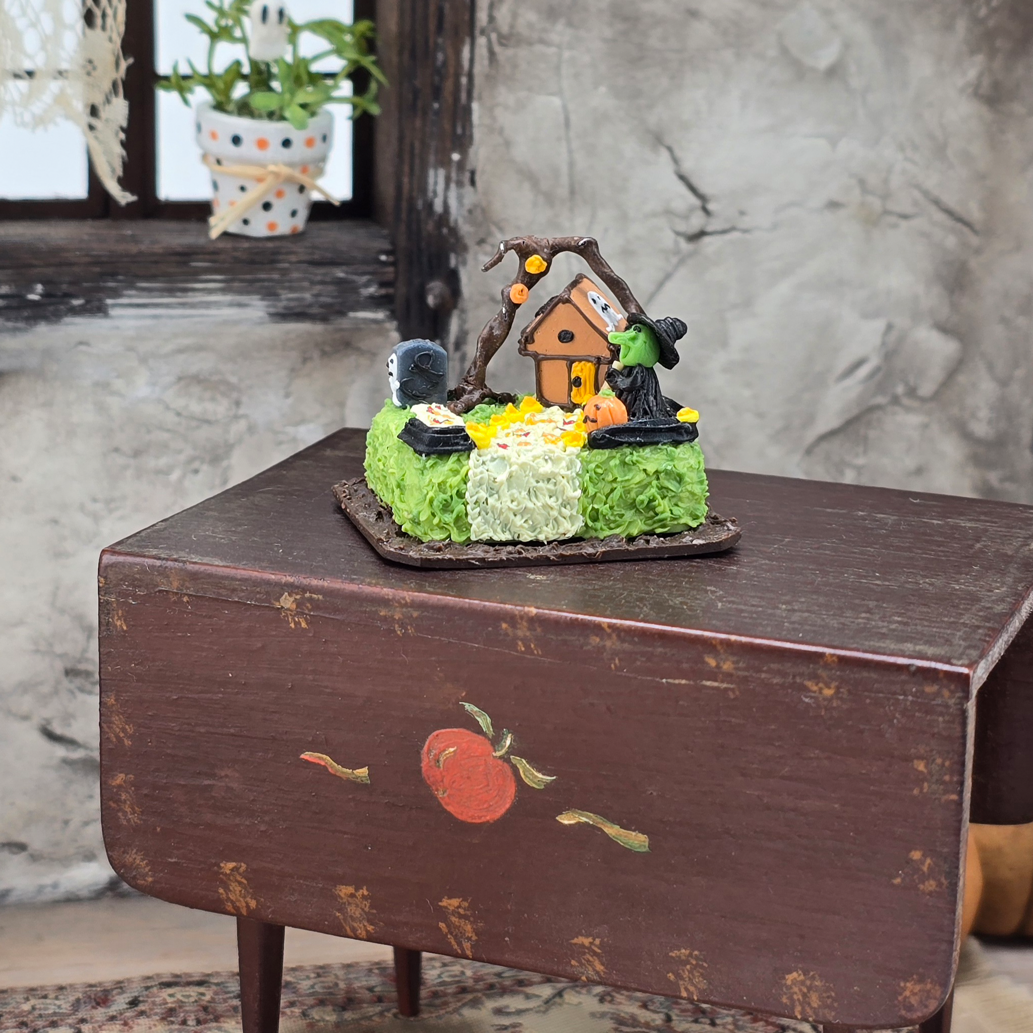 Halloween Cake OOAK Miniature with Haunted House, Tombstone, Pumpkin & Witch Fall Decor
