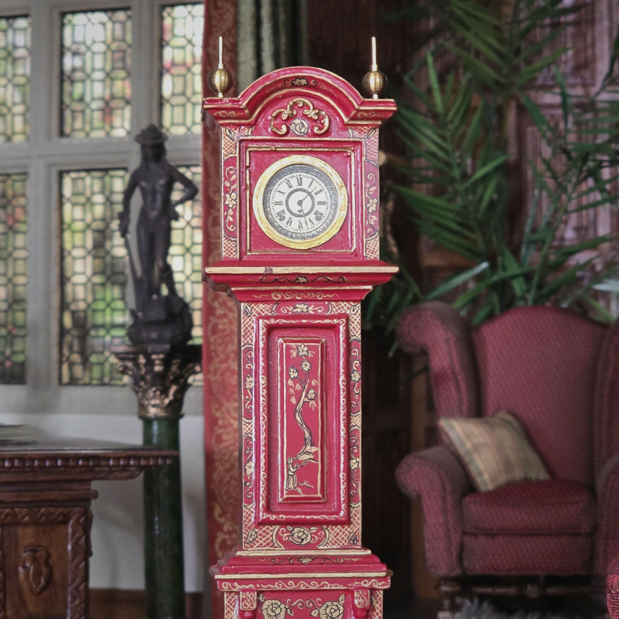 Pollie Simpson Gilt Red Hand Painted Chinese Asian Oriental Chinoiserie Grandfather Clock 1979