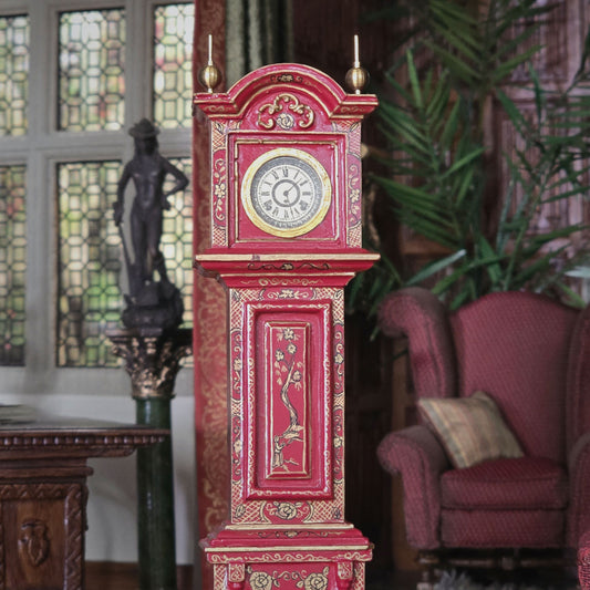 Pollie Simpson Gilt Red Hand Painted Chinese Asian Oriental Chinoiserie Grandfather Clock 1979
