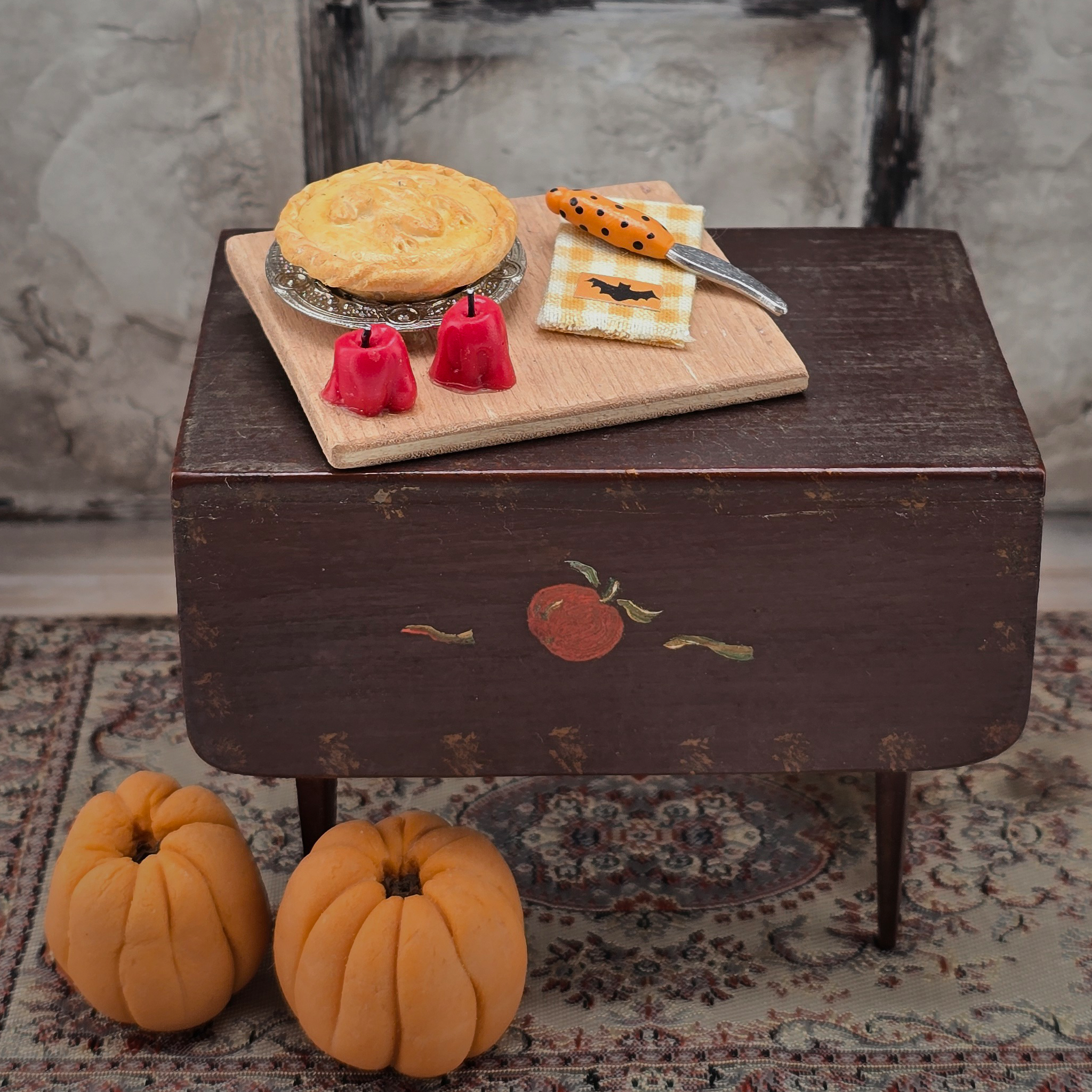 Fall Dessert Baking Diorama OOAK Miniature with Rustic Frog Pie, Candied Apples & Bat Towel