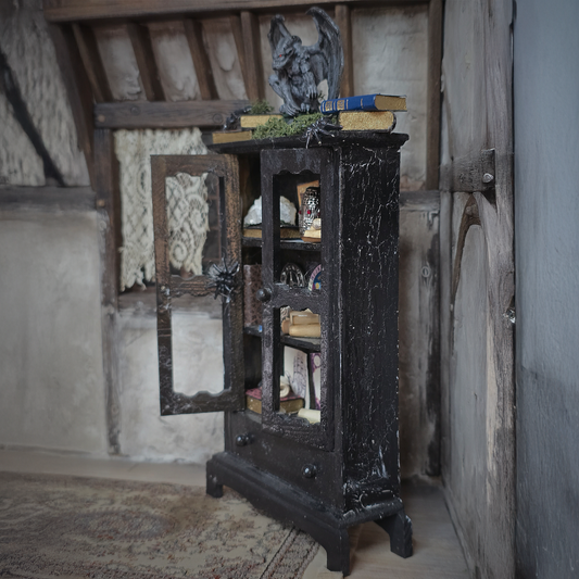 Black Wooden Halloween Curio Cabinet OOAK Miniature with Magical Contents & Gargoyle