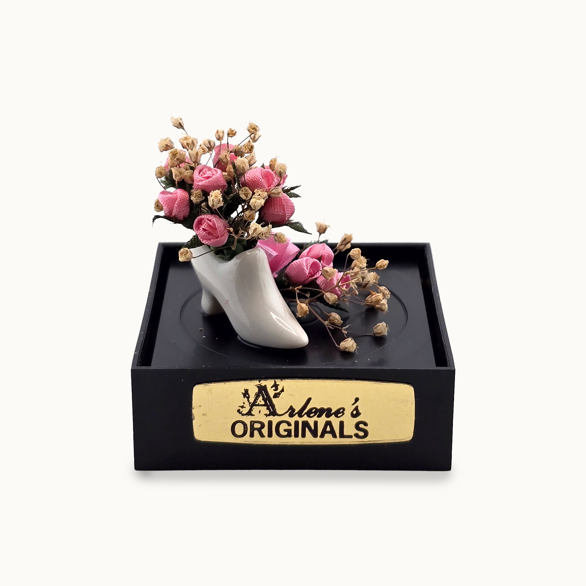 Arlene Bellinger Romantic Pink Rose Bouquet Set with Porcelain Victorian Shoe Vase