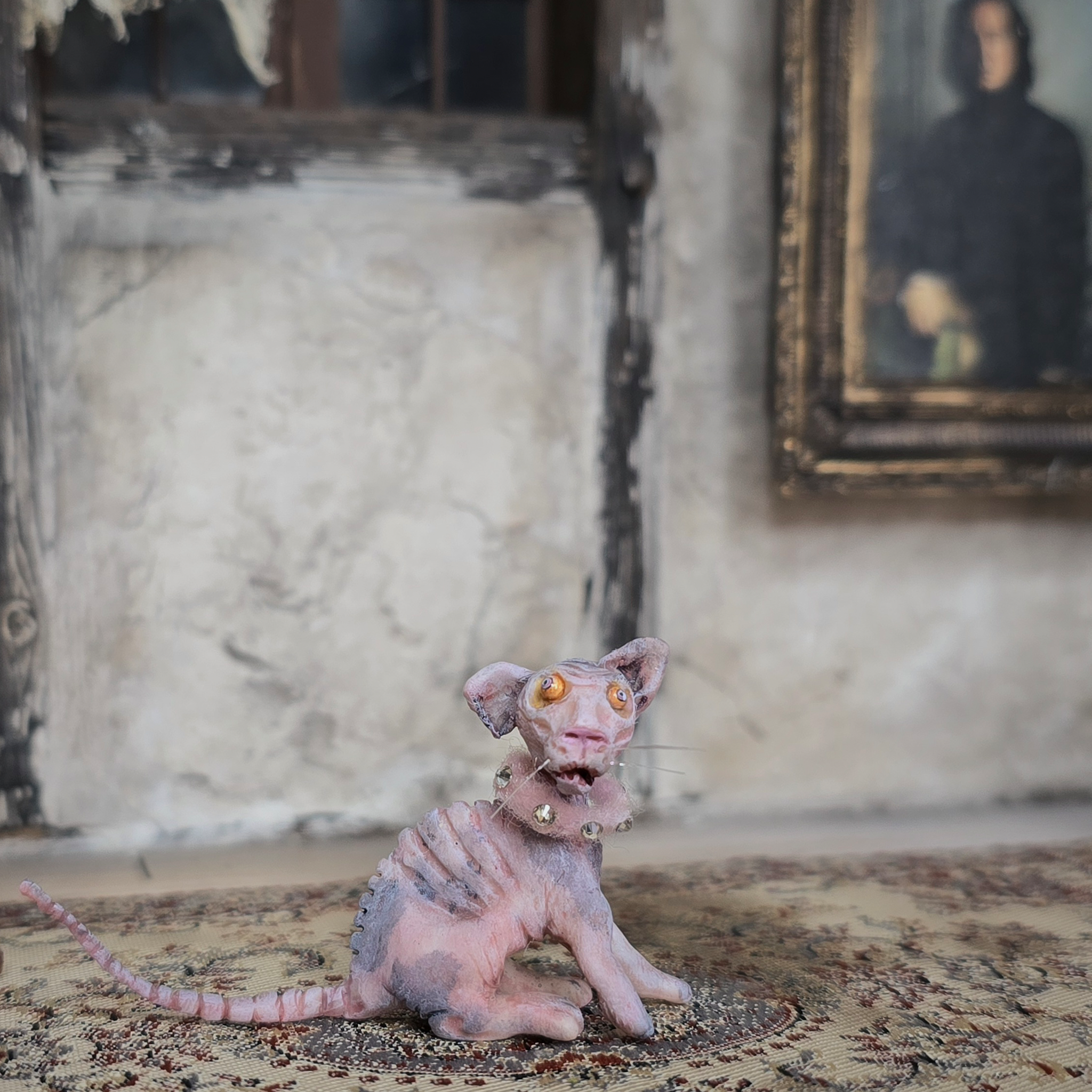 Hairless Spotted Sphynx Pink Grey Cat Spooky OOAK Artisan Miniature Dollhouse Pet Figure
