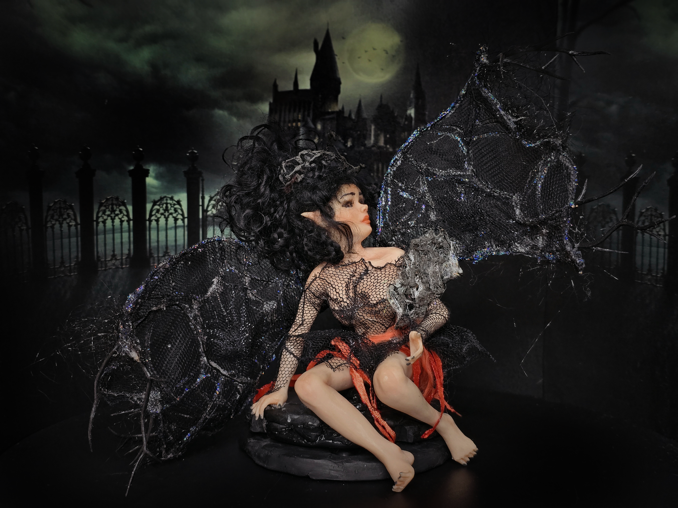Dark Angel Fairy Doll OOAK Hand-Sculpted Clay Display Figure (6" Tall, Seated)